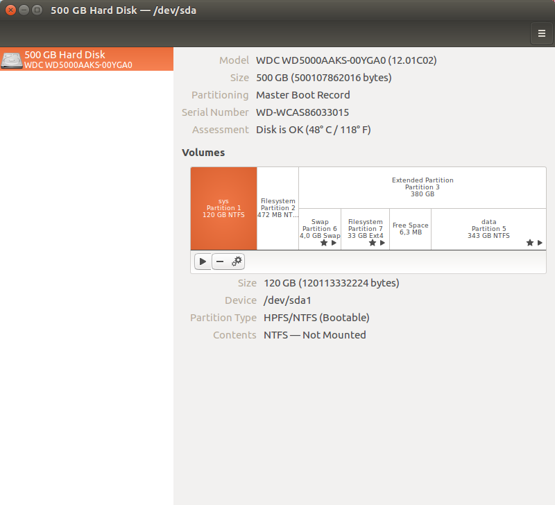 Primer particionisanog diska iz programa gnome-disk.